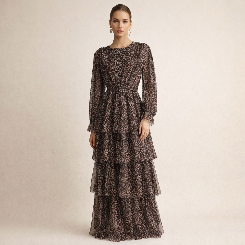 Tane Cheetah Print Maxi Dress Tiered Chiffon Flowy Elegant Evening Size 44